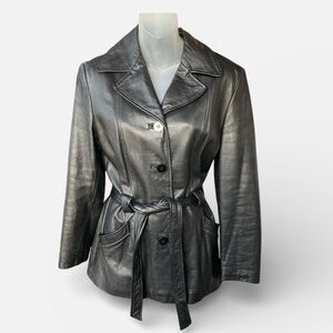 Black leather Winlet Vgt tailored fit  belted coat genuine leather jacket medium